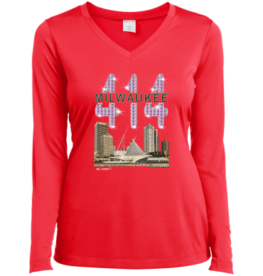 414 Milwaukee Skyline T-Shirt w/Diamond Effects Women Long Sleeve V-Neck