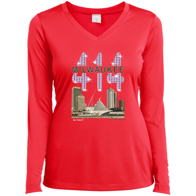 414 Milwaukee Skyline T-Shirt w/Diamond Effects Women Long Sleeve V-Neck